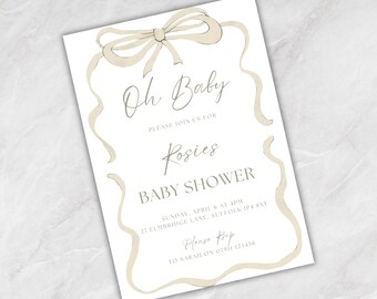 Oh Baby Bow Baby Shower Invitation | Personalised Baby Shower Invite | Printed A5 | Neutral, Pink or Blue | Baby Shower Games