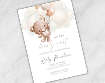 May include: Baby shower invitation featuring a watercolor teddy bear holding balloons. The invitation includes the text "we can bearly wait" and details for the event, including the date, time, and location. The design uses soft, neutral colors.