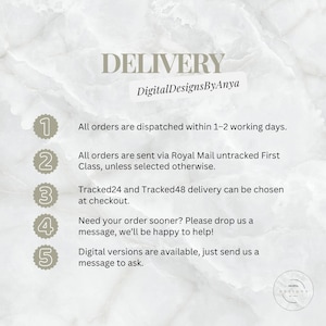 May include: A graphic with the word "DELIVERY" in a stylized font, with the text "DigitalDesignsByAnya" below it. The graphic lists information about order dispatch times, shipping methods, and digital versions.