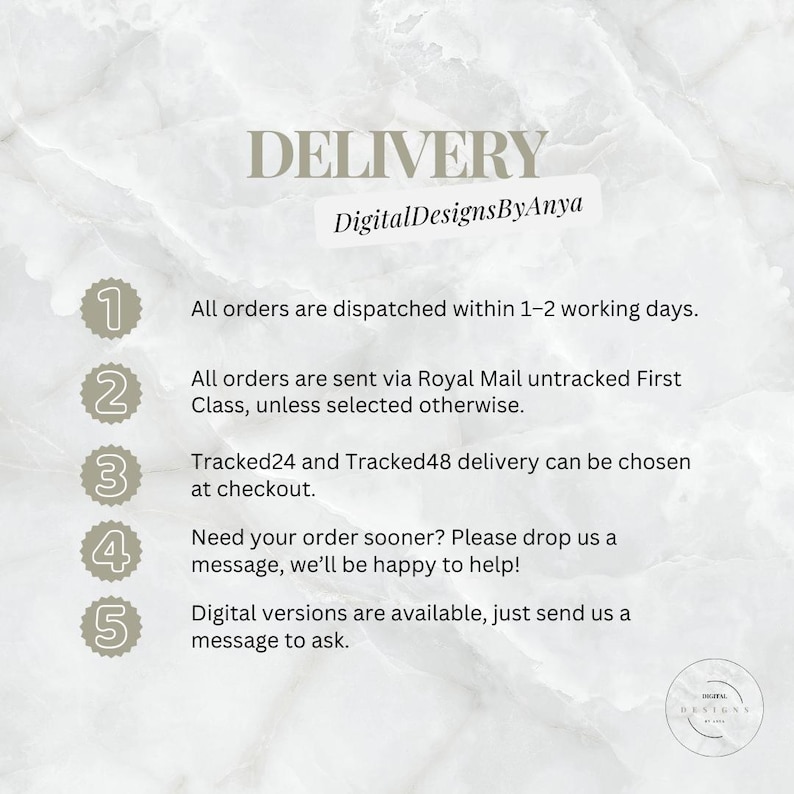May include: A graphic with the word "DELIVERY" in a stylized font, with the text "DigitalDesignsByAnya" below it. The graphic lists information about order dispatch times, shipping methods, and digital versions.