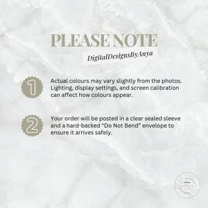 May include: A marble-textured background with the text "PLEASE NOTE" and "DigitalDesignsByAnya". The image includes numbered points about color variations and packaging details. A small circular logo is in the bottom right corner.