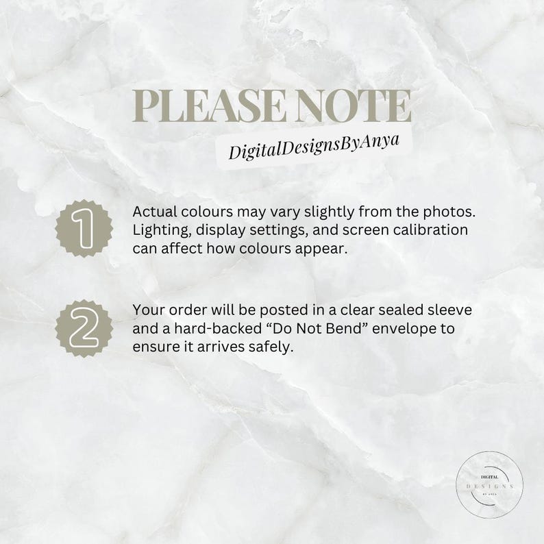 May include: A marble-textured background with the text "PLEASE NOTE" and "DigitalDesignsByAnya". The image includes numbered points about color variations and packaging details. A small circular logo is in the bottom right corner.