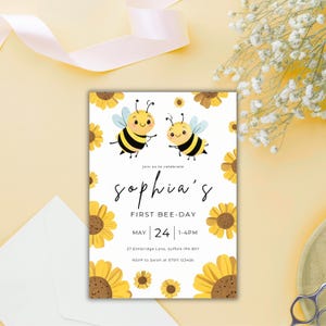 First Bee Day Birthday Invitation | 1st Bee-Day Party Invite | First Birthday Invitation | Bumble Bee Invite Template | 1st Birthday Invite