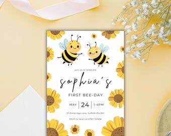 First Bee Day Birthday Invitation | 1st Bee-Day Party Invite | First Birthday Invitation | Bumble Bee Invite Template | 1st Birthday Invite