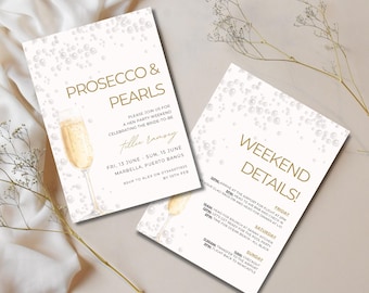Prosecco and Pearls Hen Party Invitation & Itinerary | Bachelorette Invitation | Editable | Pearls and Prosecco Bachelorette | Print Mobile