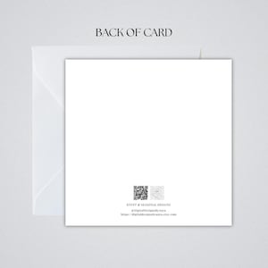 May include: A white greeting card with a matching envelope. The text "BACK OF CARD" is at the top. The bottom right corner features a QR code and the text "EVENT & SEASONAL DESIGNS #digitaldesignsbyanya https://digitaldesignsbyanya.etsy.com".