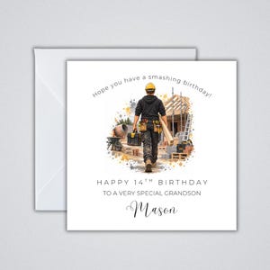May include: A square birthday greeting card featuring a watercolour illustration of a construction worker in a yellow hard hat, black hoodie, and tool belt. Text reads: Hope you have a smashing birthday! HAPPY 14TH BIRTHDAY TO A VERY SPECIAL GRANDSON Mason.