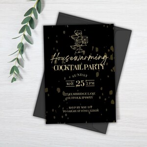 Sjabloon housewarming-uitnodiging in zwart en goud | Op canvas bewerkbare zwarte uitnodiging voor housewarmingfeest | Nieuwe uitnodiging voor thuisfeest | Digitale download