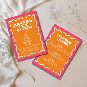 Roze en oranje weekenduitnodiging vrijgezellenfeest met golvende rand | Uitnodigingsroute vrijgezellenweekend | Uitnodiging vrijgezellenweekend | Vrijgezellenuitnodiging