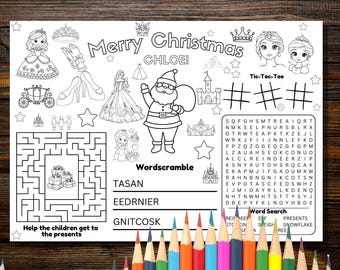 May include: A black and white Christmas activity placemat featuring the text "Merry Christmas CHLOE!" and festive illustrations like Santa Claus and princesses. Includes a maze, word scramble, and word search for children.