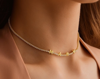 Custom Moissanite Tennis Choker • Personalized Gold Initial Necklace • Choker Necklace with Letters • Custom Name Choker • Mothers Day Gift