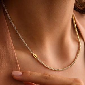 Custom Moissanite Tennis Necklace • Personalized Initial Tennis Necklace • 14K Gold Letter Necklace • Mothers Day Gift • Gift for Her