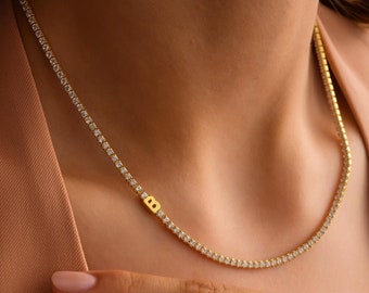 Custom Moissanite Tennis Necklace • Personalized Initial Tennis Necklace • 14K Gold Letter Necklace • Mothers Day Gift • Gift for Her