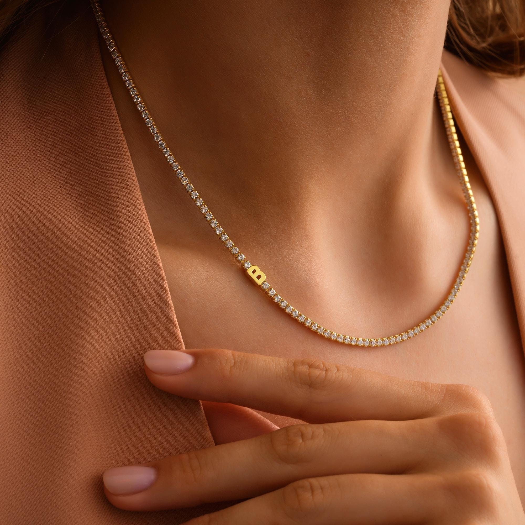Custom Moissanite Tennis Necklace • Personalized Initial Tennis Necklace • 14K Gold Letter Necklace • Mothers Day Gift • Gift for Her