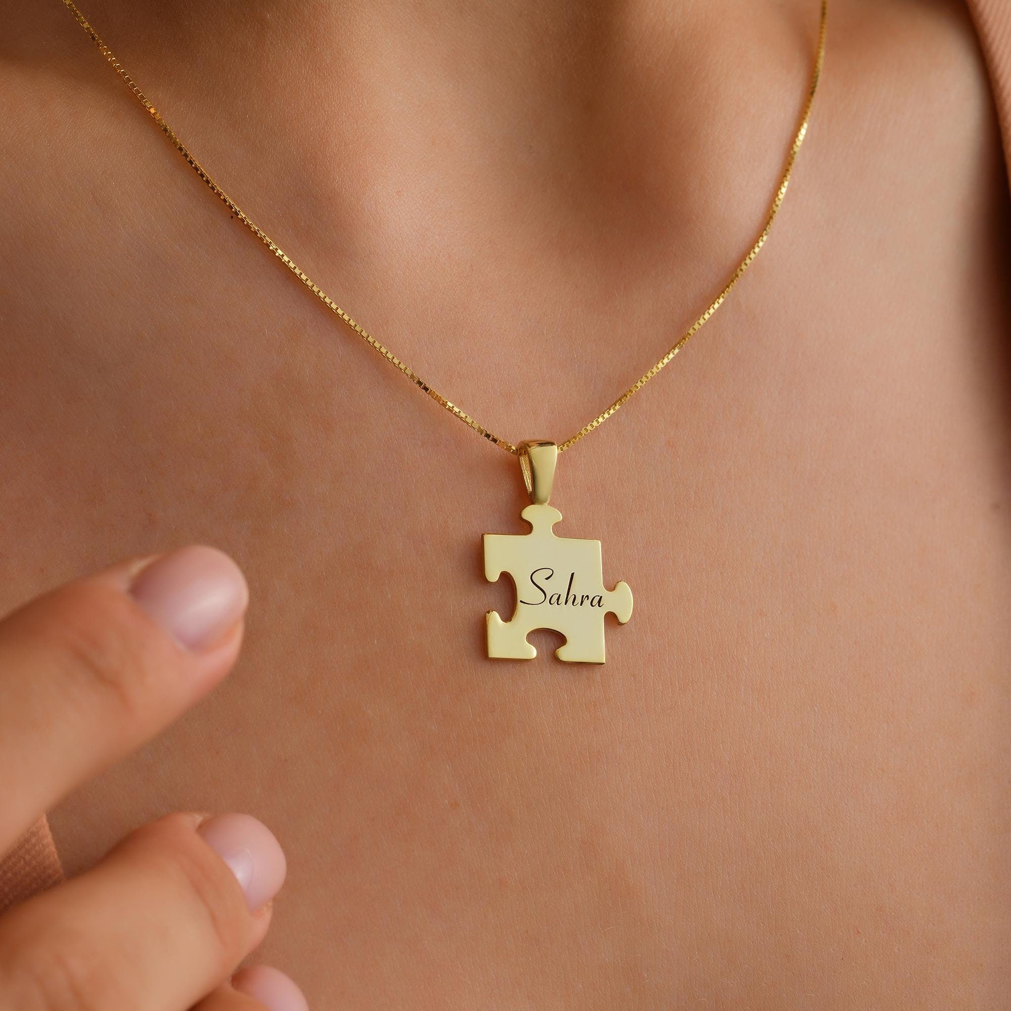 14k Gold Puzzle Piece Necklace∙Personalized Puzzle Piece Necklace with Name Engraved∙Custom Jewelry for Couples∙ Mothers Day Gift