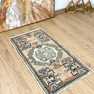 2x3 Turkish Vintage Door Mat, Home Decor, Orange Small Rug, Bath Mat, Handwoven Carpet, Wool Rug, Bath Mat, Housewarming Gift, Oushak Rug