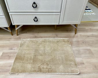 2x3 Small Beige Door Mat, Vintage Decor, Handwoven Carpet, Organic Wool Rug, Home Gift, Turkish Rug, Oushak Rug, Solid Carpet, Antique Mat