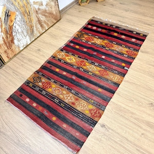 2x5 Vintage Kilim, Striped Colorful, Turkish Runner, Handwoven Runner, Wool Rug, Home Decoration, Oushak Runner, Hallway Runner, Kilim Rug