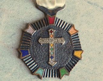 Vintage "Cross of Color" Medal / Pendant - Masonic Order of the Rainbow - Rainbow Girls - Copper and Enamel - Free US Shipping