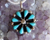 Vintage Sterling Silver and Needlepoint Turquoise Flower Pendant Necklace - Southwestern Tribal Design - Probably Zuni Native American