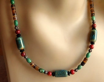 Vintage Heishi Bead Necklace w/Sterling Silver, Ceramic and Onyx Beads, Clasp - Southwestern/Native American/Navajo Style - Free US Shipping