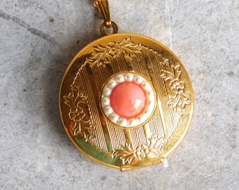 Vintage Victorian-Style Goldtone Locket Pendant Necklace with Faux Coral and Faux Pearls - Round w/ Molded Ornate Etched Design - Adjustable