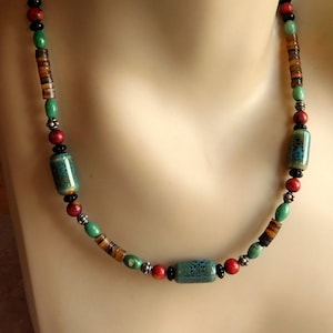 Vintage Heishi Bead Necklace w/Sterling Silver, Ceramic and Onyx Beads, Clasp - Southwestern/Native American/Navajo Style - Free US Shipping