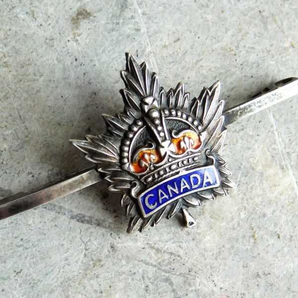 Antique Sterling Silver WWI Canadian Brooch - Blue, Orange Enamel - King's Crown, Maple Leaf - Patriotic Canada Bar Pin - Free Shipping
