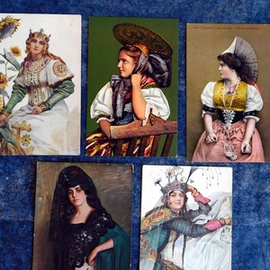 Lote de 5 postales litográficas vintage en color: retratos de damas europeas y rusas, suizas y rusas, reina Azvyakovna. Envío gratuito a EE. UU.