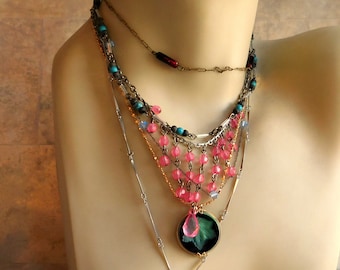 Vintage Lot of 6 Necklaces and 1 Anklet - Beaded, Pendants, Carved Mother-of-Pearl,  Tiny Turquoise? Beads, Pink Bib, Variety, Free Shipping