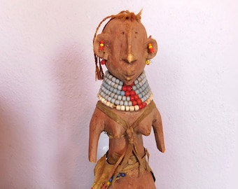 Vintage Hand-Carved African Kenyan / Turkana Tribe Female Mother Doll / Figurine 12.5 Inches - Baby on Back - Leather, Beads, Hair