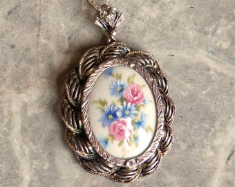 Vintage Partially Hand-Painted Porcelain Victorian Style Pendant - Sterling Silver - From Italy - "Modelo" - Floral - Free US Shipping