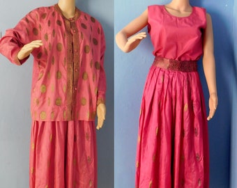 Vintage Chinese Silk Skirt + 2 Matching Blouses - Lightweight Pink w/ Gold Metallic Brocade Details - Long Full Skirt, Button Blouse, Shell