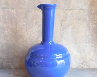 Vintage Mid-Century Cobalt Ceramic Ewer / Pitcher / Vase - Solid Dark Blue Vessel w/ Bulbous Body, Long Neck - 1930s-1960s - 9.25" Tall