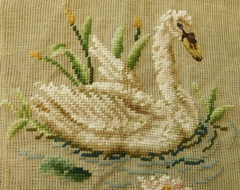 Vintage Pre-Worked Dritz Luxury Needlepoint Swan - Pillow Cover, Wall Hanging - Cotton Canvas, Wool Thread - Handmade in Madeira