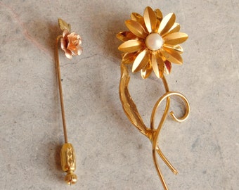 Vintage Pin Lot - Krementz 2-Tone Gold-Filled Flower Stick Pin - Unmarked Mid-Century Flower Brooch w/ Faux Pearl - - Free US Shipping