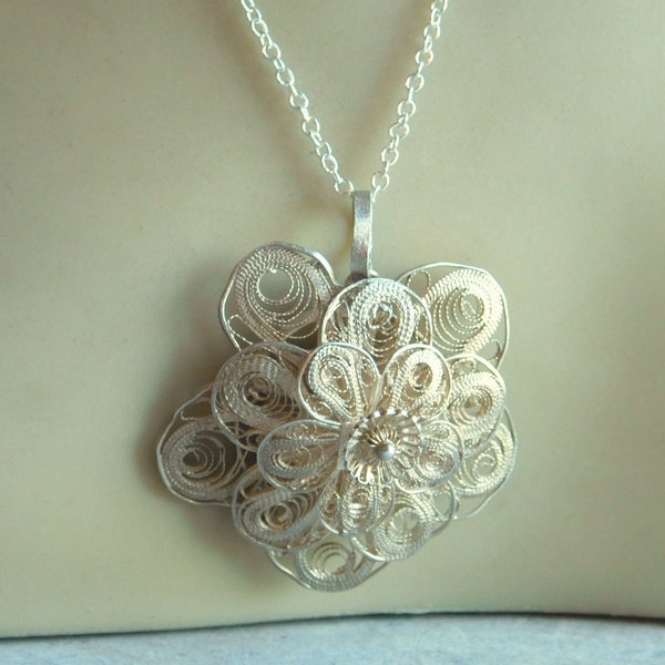 Vintage Sterling Silver Cannetille Floral Pendant Necklace - 3-D Multi-Layered Spun Silver Flower - Silverplate Chain - Free US Shipping