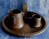 Antique Bronze Smoking Set w Sterling Silver Overlay - Arts Crafts Era - Unsigned Heintz Art Metal Shop - Two Cups, Ashtray, Round Tray