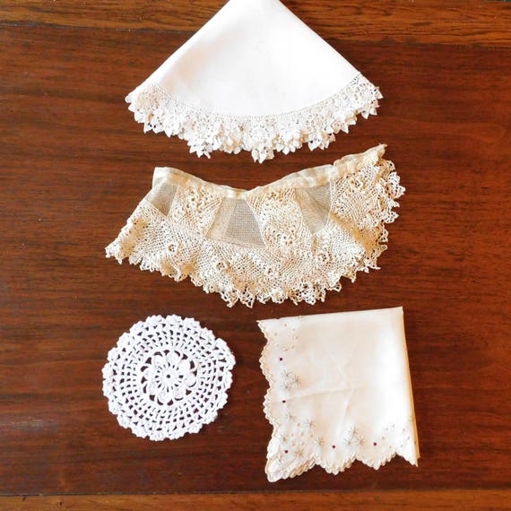 Lot of 4 Pieces Vintage Linens - Handmade Lace Collar - Embroidered Silk Handkerchief - Crochet Doilie - Lace-Edge Linen - Free US Shipping