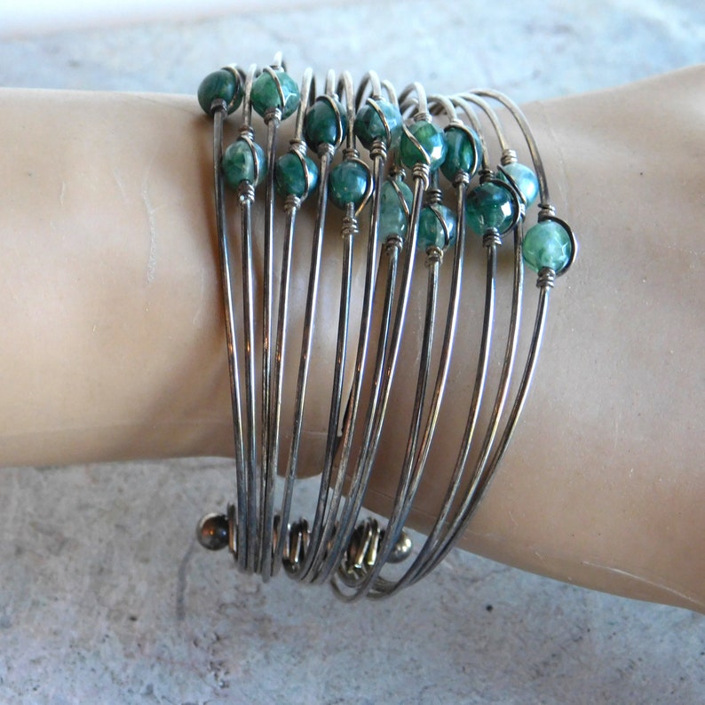 Wide Silver Wire Cuff 15 wires 14 beads Vintage Silverplate Multi-Wire Cuff Bracelet w Green Glass Beads Faux Jade Boho Cuff