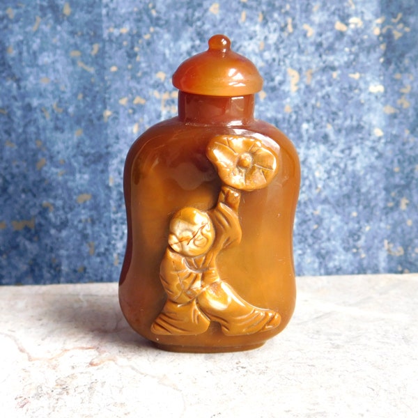 Vintage Hand-Carved Agate Chinese Snuff Bottle  - Man Holding Large Flower Figural Carving - Brown, Beige and Cream-Colored - Nice Condition