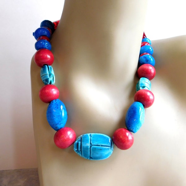 Vintage Egyptian Faience Scarab Bead Necklace - Chunky Ceramic and Art Glass Beads in Blue and Red - Shiny Glaze on Scarabs - 18" Long