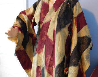 Vintage Japanese Cotton Kimono Robe - Maroon, Black, Pale Green - Hand Stitched - Fully Lined - Ankle Length - Free US Shipping