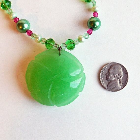 Vintage Faux Carved Jade Rose Pendant 