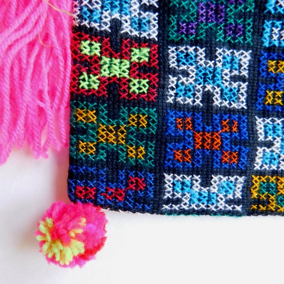 Vintage Hmong Tiny Cross Stitch Small Purse - Hand Embroidered Ethnic Folk Art - Pink Tassels, Shoulder Strap - Zipper Closure - Lined View 5