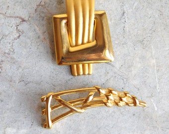 Vintage Signed Goldtone Brooches Lot of 2 - One Monet, One Venue USA - Bold Geometric Pins - 1970s, 1980s - Excellent Condition