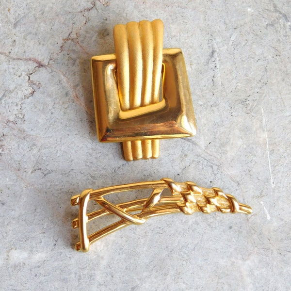 Vintage Signed Goldtone Brooches Lot of 2 - One Monet, One Venue USA - Bold Geometric Pins - 1970s, 1980s - Excellent Condition