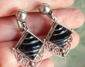 Vintage Mexican Sterling Silver and Black Onyx Dangle Earrings - Square Segmented Stone, Lacy Filigree - Screw Backs - Free US SHipping