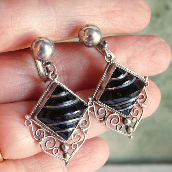 Vintage Mexican Sterling Silver and Black Onyx Dangle Earrings - Square Segmented Stone, Lacy Filigree - Screw Backs - Free US SHipping