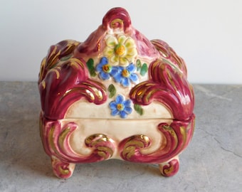 Vintage Hand-Painted and Gilded Pottery Trinket Box - Ornate Footed, Lidded Box w/ Acanthus Leaves, Flowers - Maroon, White, Yellow, Blue